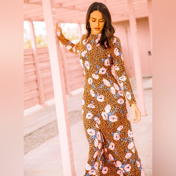 retro romance midi dress Free People Retro Romance Molly Dress Mock Neck Leopard Floral Size L